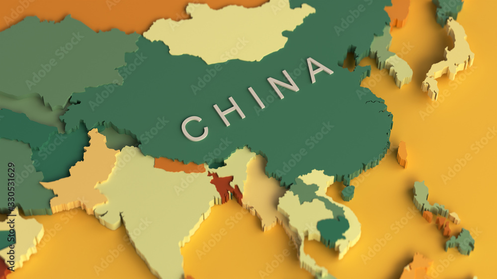 Aufkleber 3d render of a colorful world map with a white country name of china in the center on a yellow backg