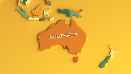 3d render of a colorful world map with a white country name of Australia in the center on a yellow background.