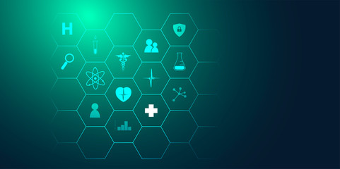 icone, mediche, farmaceutica, struttura esagonale, salute	