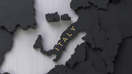 3d render of a black wooden world map with a golden country name of Italy in the center on a white background.