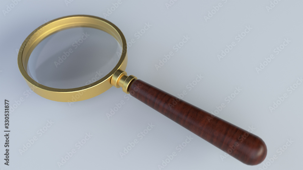 Poster 3d render of a gold magnifying glass on a white background with depth of field.