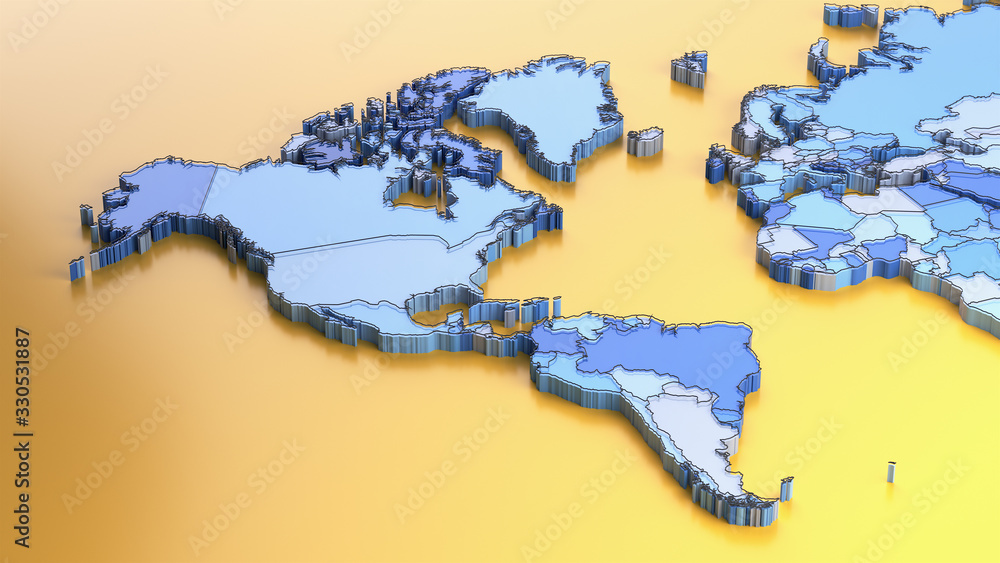 Poster 3d render of a blue world map with a thin black line on a yellow background.