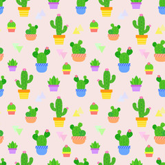 Seamless vector pattern with cacti in colorful pots. Cute bright plants and geometric elements. Creative design for printing on fabric, Wallpaper and children 's products.