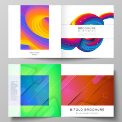 Vector illustration layout of two covers template for square design bifold brochure, magazine, flyer, booklet. Futuristic technology design, colorful backgrounds with fluid gradient shapes composition