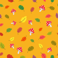 Seamless vector pattern with autumn elements. Cute colorful bright plant leaves and forest mushrooms on a yellow background. Creative design for printing on fabric, Wallpaper and children 's products.