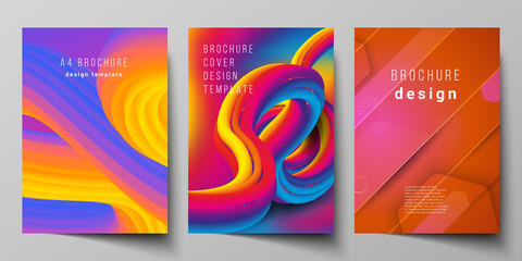 Naklejka premium Vector layout of A4 format modern cover mockups design templates for brochure, magazine, flyer, booklet. Futuristic technology design, colorful backgrounds with fluid gradient shapes composition.
