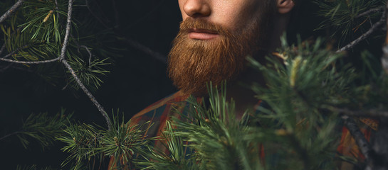 Close up shot of red beard. Hipster man in the forest. Brutal bearded man in the woods on a background of trees Bearded young man confident wide shot with copy free space on left - obrazy, fototapety, plakaty