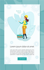 Young Woman Builder or Engineer Wearing Working Uniform with Tool Box for Instruments and Text Ready to Help in Speech Bubble on Cogwheels Background. Cartoon Flat Vector Illustration Vertical Banner