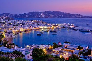 Mykonos island port with boats, Cyclades islands, Greece - obrazy, fototapety, plakaty