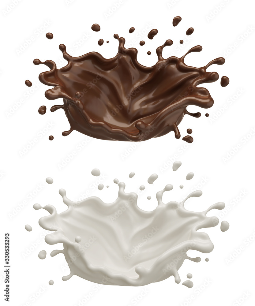 Poster chocolate and milk splash icon isolated on background, 3d rendering include clipping path.