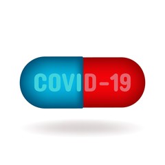 Red pill blue pill with the technical term for the corona virus COVID-19. Vector illustration