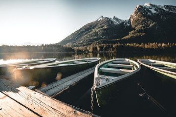 Misty summer morning on the Hintersee lake in Austrian Alps.