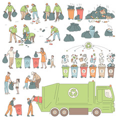 Set sorting and recycling waste. People volunteers clean environment from trash. Vector illustration of solving environmental problems.