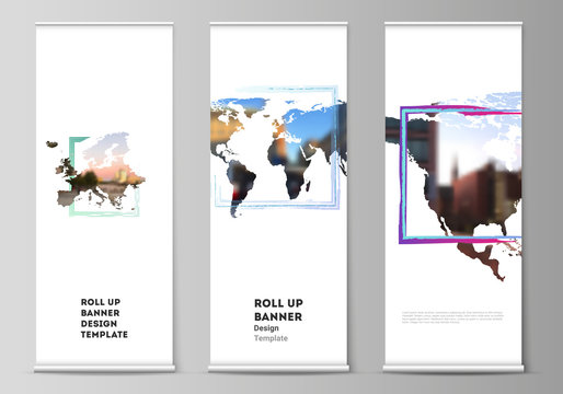 Vector layout of roll up mockup template for vertical flyers, flags design templates, banner stands, advertising design. Design template in the form of world maps and colored frames, insert your photo