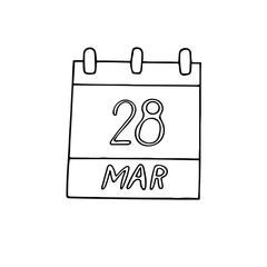 calendar hand drawn in doodle style. March 28. Earth Hour, date. icon, sticker, element