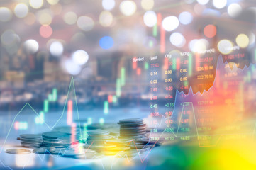 Stock market digital graph chart on LED display concept. A large display of daily stock market price and quotation. Indicator financial forex trade education background.  coins for finance concept