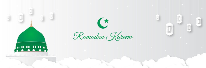 Fresh white green luxury geometrical cloud paper cut ornament decoration with hanging white fanoos arabian lantern with green background and calligraphy for ramadan kareem. Ramadan Kareem horizontal