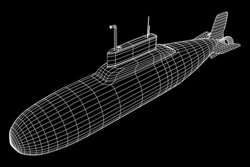 Military atomic submarine underwater boat. Wireframe low poly mesh vector illustration