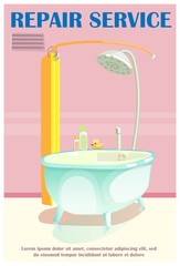 Naklejka premium Plumbing Repair Service Flat Cartoon Vector Illustration. Working and Fixing Problems or Demaged Pipe in Bathroom. Bath with Washing Accessories on it. Gel, Shampoo and Duck. Curtains.