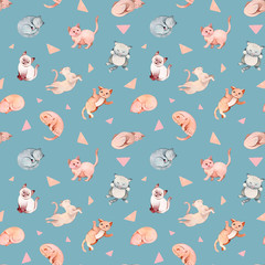 Hand painted watercolor cartoon cats and kittens patterns