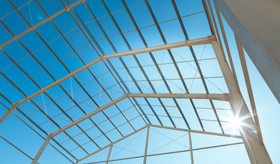 Modern steel construction. Construction of a production hall. Roof skeleton.