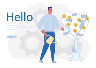 Businessman Cartoon Character on Greeting Clients Hello Inscription Backdrop. Man Grows Money Tree, FInancial Growth. Online Commerce and Profitable Business Investments. Flat Vector Illustration.