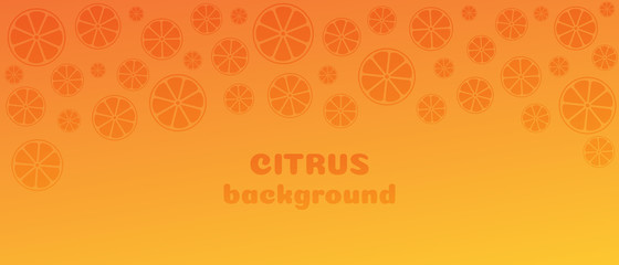 Vector abstract background on the theme of citrus fruits. Yellow-orange gradient with silhouettes of oranges, lemon and other citruses. Place for text. Copyspace.