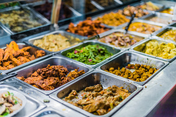 Traditional Asian food ingredients and dishes sold in a singapore restaurant