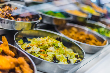 Traditional Asian food ingredients and dishes sold in a singapore restaurant