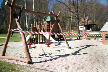 All children playgrounds was prohibited for using in Zilina city as a prevent measures to avoid 2019–20 coronavirus pandemic in Europe. Playground Swings taped around with restricted signs.