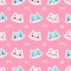 Cute colorful cat kitten with ribbon and flower seamless pattern illustration