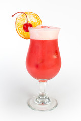 Red berry cocktail with foam in a glass on a white background