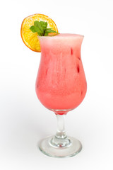 Strawberry cocktail with foam in a glass on a white background