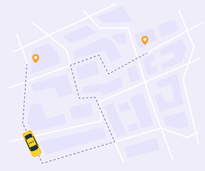 Urban taxi service vector illustration. Yellow taxi car and route with dash line trace. Tracking system with start and finish point on city map, top view.