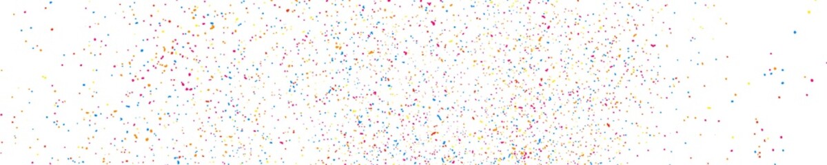 Abstract explosion of confetti. Colorful grainy texture isolated on white. Panoramic background. Colored stains and blots. Wide horizontal long banner for site. Illustration, EPS 10.  