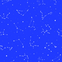 Fototapeta premium Seamless vector pattern with white zodiacal constellations on blue background. Zodiac signs. Space background.