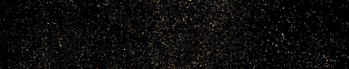 Gold glitter texture panoramic background.Gold glitter texture isolated on black. Amber particles color. Celebratory panoramic background. Golden explosion of confetti. Long horizontal banner. Vector 