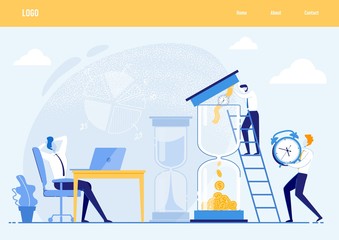 Informative Banner Effective Frugality, Hard Work. Identifying Important Goals and Identifying Good Habits. Businessman Throws Wristwatch Hourglass, Standing on Stairs. Guy is Resting at Desk.
