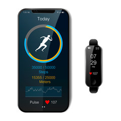 Black smart watch and smartphone on isolated background, mobile fitness app with running tracker and heart rate meter, healthy lifestyle concept, realistic vector illustration
