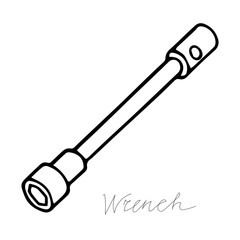 Hand-draw black vector illustration of metallic locksmith tool isolated on a white background with lettering wrench