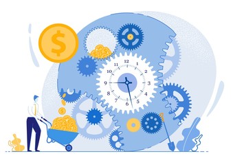 Informational Banner use Efficiency Working Hours. Man Collects Gold Coins from Huge Clockwork into Cart. Assessment Fact that Goal. Creative General Outline Actions. Vector Illustration.