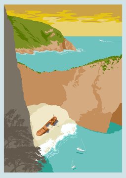 Travel poster vectors illustrations with vintage style from Greek, Zakynthos island in the Ionian Sea