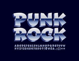 Vector reflective poster Punk Rock with metal Font. Silver Alphabet Letters and Numbers.