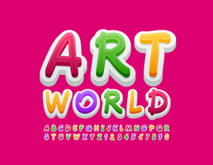 Vector creative banner Art World. Handwritten bright Font. Colorful Alphabet Letters and Numbers