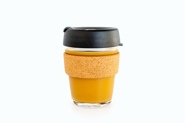 reusable coffee cup made from glass and cork band isolated on white background, Zero waste, Sustainable lifestyle concept.