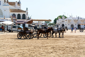 September 9, 2019, El Rocio, Andalusia, Spain. Small old town in Donana national park with sandy roads and squares and white church