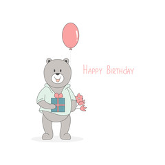 Happy Birthday greeting card with bear, gift and balloon. Vector illustration on white background. 