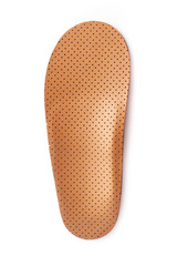 Isolated orthopedic insole on a white background. Treatment and prevention of flat feet and foot diseases. Foot care, comfort for the feet. Wear comfortable shoes. Medical insoles.