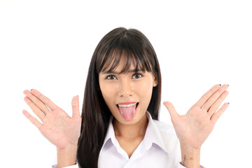 Facial Expression Young Asian woman office attire white background wave tongue stick out