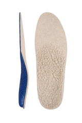 Isolated orthopedic insole on a white background. Treatment and prevention of flat feet and foot diseases. Foot care, comfort for the feet. Wear comfortable shoes. Medical insoles.